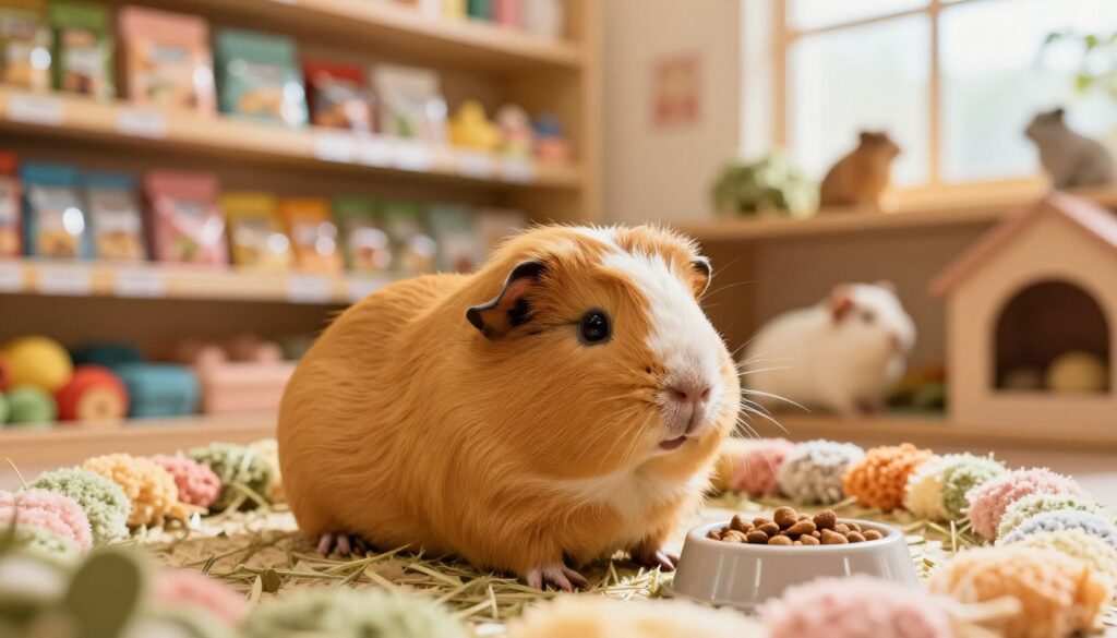 A cute and fluffy guinea pig nestled comfortably in a cozy pet shop setting. The guinea pig, with a soft, golden-brown coat, should be the primary focus in the foreground, surrounded by colorful bedding and a small food dish. In the middle ground, display vibrant shelves stocked with various pet supplies, such as hay, treats, and toys, adding depth to the scene. In the background, softly blurred outlines of other small animals can be seen in their habitats, enhancing the pet shop ambiance. The lighting is warm and inviting, mimicking natural sunlight streaming through a nearby window, creating a cheerful and friendly atmosphere. The overall mood captures the delight and charm of selecting a new pet.