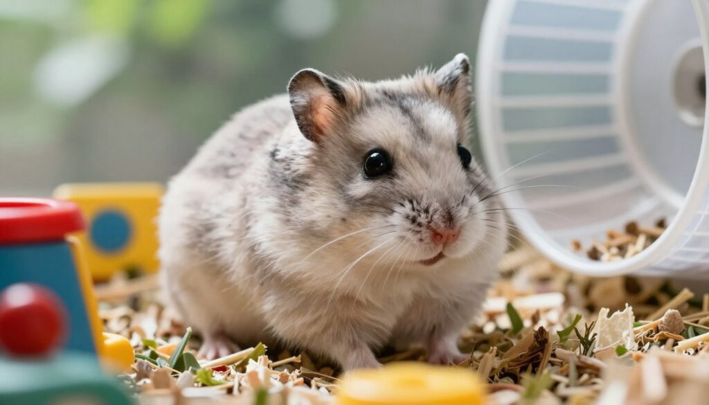 A detailed close-up of a Dzungarian hamster, showcasing its lush, soft fur with shades of light gray and white. The hamster is sitting on a bed of fresh bedding in its spacious enclosure, surrounded by colorful, playful toys and a small wheel. The image is captured from a low angle, emphasizing the hamster’s curious eyes and expressive face while softly lit with natural daylight filtering in from the side. The background features a gentle blur of green foliage, suggesting a calm, lively environment. The overall mood is warm and inviting, creating an engaging and informative atmosphere befitting a section about the lifespan of hamsters.
