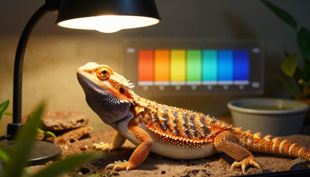 A detailed close-up of a vibrant bearded dragon in a terrarium, basking under a basking lamp that emits warm yellow light, showcasing the importance of temperature regulation. The foreground features the dragon's textured scales, glistening in the light, with its eyes reflecting curiosity. In the middle ground, a temperature gradient is illustrated with color transitions from warm orange to cooler blue, symbolizing thermal conditions. The background offers a naturalistic habitat with rocks, plants, and a small water dish, all under soft, natural lighting to enhance the overall atmosphere of warmth and comfort. The mood is serene yet vibrant, highlighting the crucial role of temperature for the lizard's health and well-being.