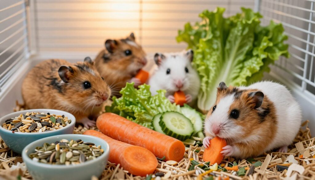 A diverse array of Dzungarian hamsters on a bed of natural bedding in a cozy cage setting, showcasing their varied diet. In the foreground, a hamster nibbling on a piece of fresh carrot, alongside small bowls filled with seeds, grains, and fresh vegetables like cucumber and lettuce. The middle ground includes additional hamsters foraging and interacting playfully, emphasizing their friendly nature. In the background, a soft, warm light filters through the bars of the cage, creating a vibrant, inviting atmosphere. The scene is well-lit to highlight the colors of the food and the hamsters' fur, with a focus on natural texture. Aim for a captivating and educational image that conveys the importance of a balanced diet for Dzungarian hamsters.
