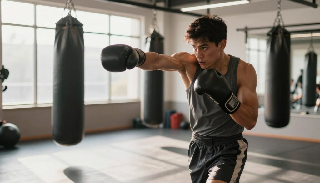 A dynamic and focused boxer in motion, showcasing a powerful uppercut in the foreground. The boxer, wearing a fitted athletic top and lightweight shorts, has a determined expression reflecting hard work and dedication, embodying an active, healthy lifestyle. In the middle ground, a well-lit gym environment with training equipment, such as punching bags and weights, creates an atmosphere of fitness and focus. The background features large windows allowing sunlight to pour in, enhancing the overall brightness and energy of the scene. The lighting is natural and warm, emphasizing the strength and physicality of the boxer. The image should convey a sense of motivation, movement, and the importance of maintaining an active lifestyle for overall well-being.