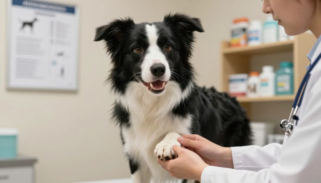 A focused composition of a Border Collie in a veterinarian's office, showing signs of common health concerns that affect the breed. The foreground features a concerned vet gently examining the dog's paw, emphasizing health care. In the middle, a Border Collie appears alert yet slightly anxious, with a glossy coat and expressive eyes, portraying a mix of vitality and subtle distress. The background includes medical charts and a shelf with dog care products, softly lit to create a focused yet professional ambiance. The lighting is warm and inviting, reflecting the importance of veterinary care, while the angle is slightly elevated, capturing the bond between human and pet in a caring environment.