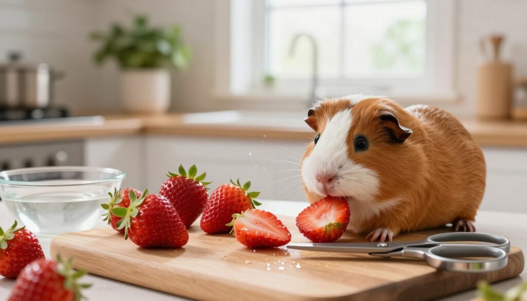 A fresh, vibrant scene depicting the preparation of strawberries for a guinea pig. In the foreground, a wooden cutting board holds bright, ripe strawberries with their green tops still attached, some sliced open to reveal their juicy red insides. A pair of clean, stainless steel kitchen scissors and a small bowl filled with water are beside the strawberries. In the middle ground, a cheerful, carefully organized kitchen counter is shown, with a decorative plant and a bright window letting in soft, natural light. A sprinkle of water droplets adds freshness, and the composition is warm and inviting, evoking a sense of care and attention to pet health. The background is softly blurred to keep focus on the preparation elements, enhancing the overall atmosphere of cleanliness and safety.
