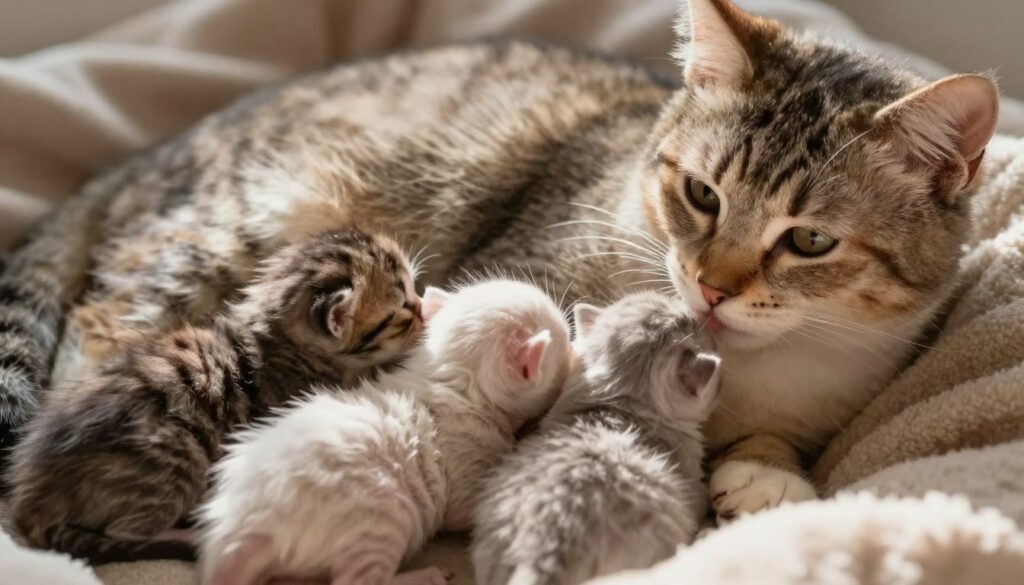A heartwarming scene featuring a mother cat nursing her tiny, adorable kittens, all nestled together in a cozy, softly lit environment. In the foreground, close-up focus on the kittens, their fluffy fur shining with hints of sunlight, highlighting their innocence and vulnerability. The mother cat, a regal-looking feline with a gentle expression, lovingly takes care of her babies, showcasing the bond between them. In the middle background, a serene, warm-colored blanket adds texture to the setting, enhancing the nurturing atmosphere. Soft, diffused lighting creates a peaceful ambiance, suggesting comfort and safety. The overall mood is tender and maternal, embodying the essence of early kittenhood and the vital importance of maternal milk for their health.