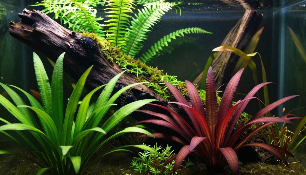 A lush aquarium scene showcasing a variety of vibrant aquatic plants, specifically designed to create a serene environment for an axolotl. In the foreground, soft green and deep red plants gracefully sway in the water, providing shelter and hiding spots. The middle ground features a large piece of driftwood, encrusted with green moss and surrounded by delicate ferns, ensuring a natural feel. The background is filled with more aquatic vegetation, creating depth and a rich tapestry of colors. The lighting is soft and diffused, mimicking the dappled sunlight that filters through water, casting gentle shadows. The overall mood is tranquil and inviting, reflecting an ideal habitat that reduces stress and promotes the well-being of the axolotl. A lush aquarium scene showcasing a variety of vibrant aquatic plants, specifically designed to create a serene environment for an axolotl. In the foreground, soft green and deep red plants gracefully sway in the water, providing shelter and hiding spots. The middle ground features a large piece of driftwood, encrusted with green moss and surrounded by delicate ferns, ensuring a natural feel. The background is filled with more aquatic vegetation, creating depth and a rich tapestry of colors. The lighting is soft and diffused, mimicking the dappled sunlight that filters through water, casting gentle shadows. The overall mood is tranquil and inviting, reflecting an ideal habitat that reduces stress and promotes the well-being of the axolotl.