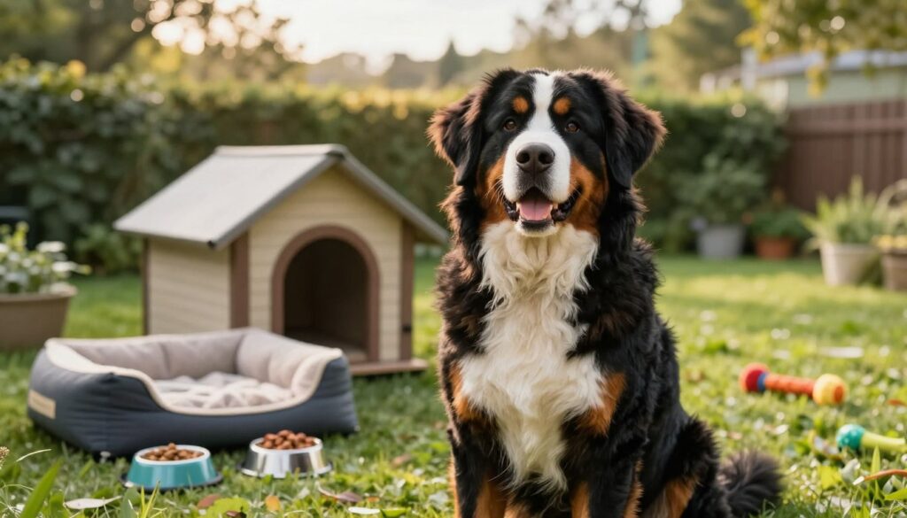 A majestic and gentle Bernese Mountain Dog sits gracefully in a lush, green garden, illustrating the costs associated with owning such a large breed. The foreground features a detailed close-up of the dog's expressive face and fluffy coat, showcasing its friendly demeanor. In the middle ground, a cozy, well-maintained doghouse is present, suggesting comfort and care. Surrounding it are high-quality dog supplies: a premium dog bed, nutritious food bowls, and toys, symbolizing the investment in the dog's well-being. The background showcases a serene landscape with soft, warm sunlight filtering through the trees, creating a peaceful atmosphere. The image is captured with a wide-angle lens to emphasize the dog’s size and the lush environment, evoking a sense of warmth and responsibility in pet ownership.