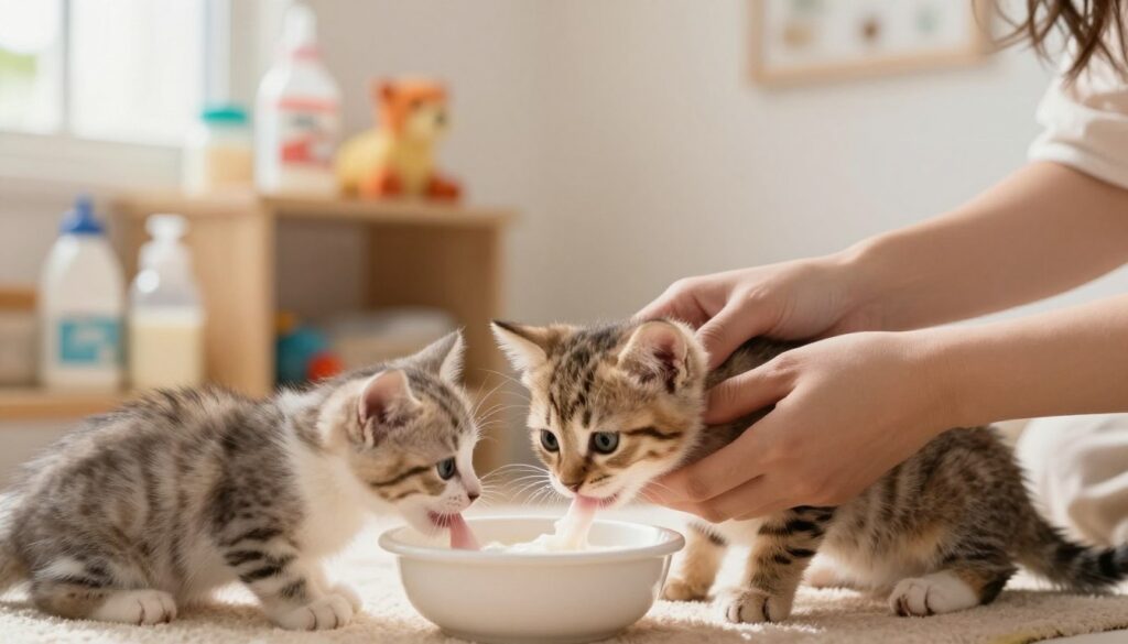 A nurturing scene depicting a cozy, well-lit space for feeding orphaned kittens. In the foreground, a kitten delicately lapping up substitute milk from a small bowl, showcasing its soft fur and curious eyes. The middle ground features a pair of caring hands gently holding the kitten, demonstrating the feeding technique. Soft, warm lighting creates an inviting atmosphere, with a hint of natural light filtering in from a nearby window. In the background, a small shelf displays various kitten care supplies, like bottles of milk replacement formula and toys. The mood is tender and supportive, encapsulating the essence of caring for a young cat without its mother. The focus is on the kitten and the safe feeding environment.