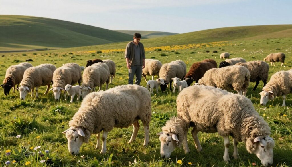 A picturesque scene featuring a diverse group of sheep breeds in a lush green pasture, symbolizing the variety in sheep farming. In the foreground, a couple of sheep with thick, soft wool grazing peacefully, showcasing their luxurious fleece glistening under soft morning light. In the middle ground, a shepherd in modest casual clothing watches over the flock, surrounded by a few playful lambs. The background features rolling hills dotted with wildflowers and a clear blue sky, conveying a serene and idyllic farming atmosphere. The lighting is warm and golden, suggesting a late afternoon ambiance that enhances the tranquility of the scene. The overall mood is calm and pastoral, reflecting the harmony of livestock and nature.