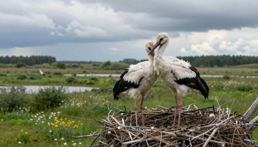A poignant scene depicting young storks struggling in their natural habitat, symbolizing their mortality and challenges. In the foreground, a pair of young storks are shown standing on a nest, their bodies slightly hunched and feathers ruffled, with concerned expressions as they navigate their precarious surroundings. In the middle ground, the lush green landscape of Poland is visible, dotted with patches of wildflowers and shallow marshlands, suggesting their ongoing search for food. In the background, a cloudy sky looms, casting diffused light that creates a somber atmosphere. The angle is slightly downward, focusing on the storks but capturing the wilderness around them. The mood is reflective and contemplative, emphasizing the struggles of young storks in their early years.