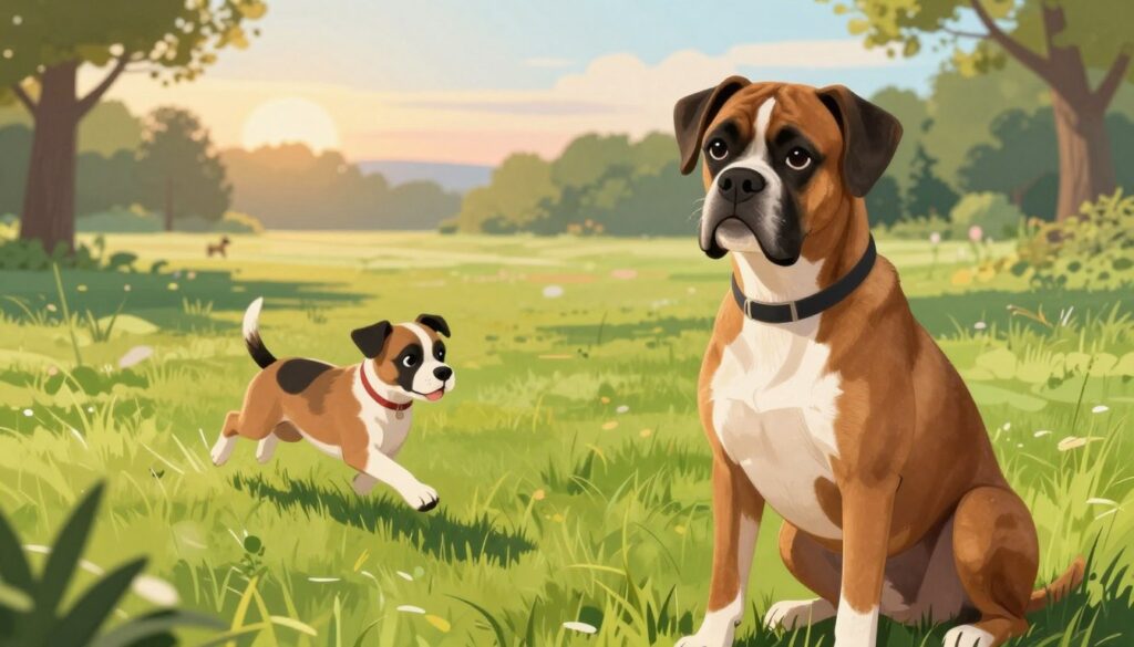 A serene and informative illustration depicting the average lifespan of a boxer dog. In the foreground, an elderly but healthy boxer sits contentedly, showing wisdom in its gentle eyes, surrounded by lush green grass. In the middle ground, a vibrant park scene includes a playful young boxer running energetically, symbolizing youth and vitality. The background features a soft-focus view of a sunlit horizon with trees, evoking a sense of peace and longevity. The image should have warm, natural lighting that casts soft shadows, enhancing the comforting atmosphere. The angle should be slightly elevated to capture both the elder and younger boxers in a harmonious composition, showcasing the beauty of their lifespan.