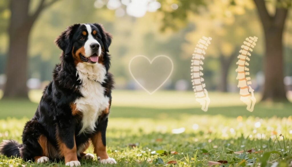 A serene and informative scene depicting common health issues in Bernese Mountain Dogs. In the foreground, a well-groomed Bernese Mountain Dog sits attentively, showcasing its gentle and loyal nature. The dog's coat is rich and glossy, with hints of the breed's characteristic black, white, and tan colors. In the middle ground, visualize subtle visual indicators of common health concerns, such as shadowed outlines of a heart symbol, spine, and joints, softly illuminated to convey care. The background features a peaceful setting with a sunny park and trees, symbolizing a healthy environment, with soft, natural lighting creating a warm and hopeful atmosphere. The overall mood is calm and educational, aimed at raising awareness about the breed's health without any distractions or text.