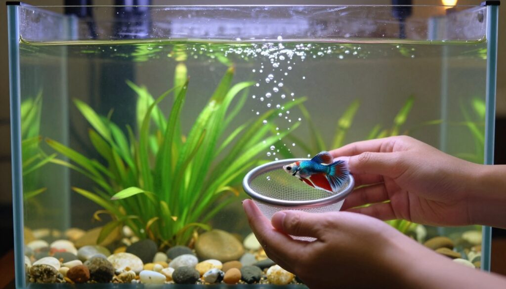 A serene aquarium scene capturing the safe transfer of a Betta fish from a small bowl to a larger, well-planted aquarium. In the foreground, a pair of hands gently holding the Betta fish in a small net, showcasing vibrant colors of the fish with flowing fins. The middle ground features the lush aquatic plants and pebbles of the aquarium, with bubbles rising around as water flows gently. The background showcases a softly-lit environment, hinting at a cozy home setting with a warm glow from ambient lighting. The overall mood is calm and nurturing, emphasizing the importance of a safe transition for the fish. The image should have a clear focus on the Betta fish and the hands, with a shallow depth of field to enhance the emotional connection. A serene aquarium scene capturing the safe transfer of a Betta fish from a small bowl to a larger, well-planted aquarium. In the foreground, a pair of hands gently holding the Betta fish in a small net, showcasing vibrant colors of the fish with flowing fins. The middle ground features the lush aquatic plants and pebbles of the aquarium, with bubbles rising around as water flows gently. The background showcases a softly-lit environment, hinting at a cozy home setting with a warm glow from ambient lighting. The overall mood is calm and nurturing, emphasizing the importance of a safe transition for the fish. The image should have a clear focus on the Betta fish and the hands, with a shallow depth of field to enhance the emotional connection.