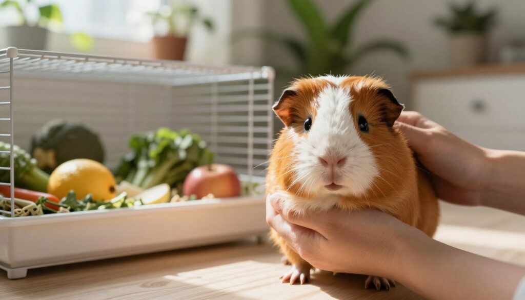 A serene indoor scene featuring a female guinea pig being lovingly cared for by a gentle hand, showcasing proper hygiene and comfort. The foreground emphasizes the guinea pig, rich in texture and detail, with soft fur glistening under warm natural light. In the middle, a cozy, well-organized cage includes fresh bedding, fruits, and vegetables, illustrating optimal living conditions. The background reveals a softly illuminated room filled with plants, adding a calming ambiance. The atmosphere conveys warmth and tenderness, promoting a sense of safety and well-being for the pet. The angle is slightly above eye-level, focusing on the interaction between the caretaker and the guinea pig, capturing a moment of connection and care, all enveloped in a peaceful home environment.