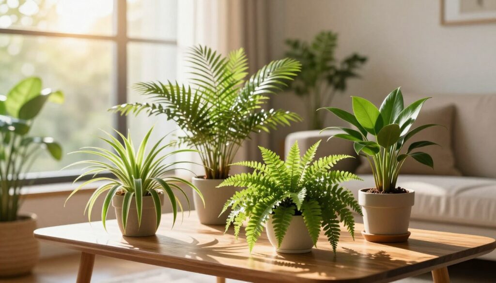 A serene indoor scene showcasing various cat-safe houseplants as alternatives to strelitzia. In the foreground, vibrant green plants such as spider plants, Boston ferns, and areca palms rest on a stylish wooden coffee table, their leaves lush and healthy. In the middle ground, sunlight streams through a large window, illuminating the plants with a warm, golden hue, casting gentle shadows. The background features a softly blurred, cozy living room atmosphere with neutral-toned walls and a comfortable couch, inviting a sense of tranquility. The composition conveys a cheerful and safe environment for both cats and their owners, emphasizing a healthy, plant-filled lifestyle. Soft focus and bright natural lighting enhance the peaceful mood.