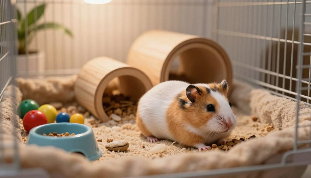 A serene indoor setting featuring a pregnant hamster nestled in a cozy, well-furnished cage. In the foreground, the hamster is resting on soft bedding with small, colorful toys and a food bowl nearby. The middle ground includes a clean and organized habitat, with natural materials like wooden tunnels and nesting materials, emphasizing a nurturing environment. The background shows gentle, warm lighting that creates a calming atmosphere, with soft shadows and a blurred view of a peaceful room, perhaps with plants or soft fabric. The focus should highlight the careful attention to the hamster's comfort, reflecting a sense of tranquility and minimal interference in its natural behavior.