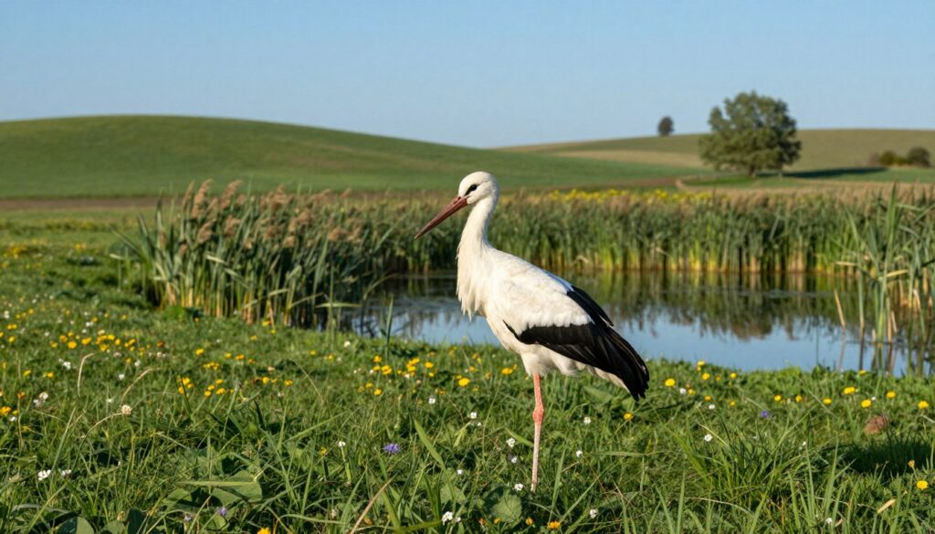 A serene landscape in Poland featuring a white stork (bocian biały) gracefully perched on a lush green meadow. The foreground showcases the stork with detailed feathers gleaming in the soft morning sunlight, its long legs standing elegantly on the grass. The middle ground reveals a tranquil pond, reflecting the clear blue sky, with reeds swaying gently in the breeze. In the background, soft, rolling hills covered in wildflowers create a picturesque scene, with a few scattered trees under a bright azure sky. The lighting is warm and inviting, capturing the essence of a peaceful, natural habitat. The atmosphere conveys a sense of tranquility and the beauty of wildlife, emphasizing the importance of nature conservation and the lifespan of these majestic birds.