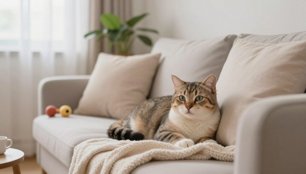 A serene living room scene showcasing a relaxed cat nestled comfortably on a sofa, surrounded by soft pillows and warm blankets. In the foreground, the cat's expressive eyes convey a sense of calm and contentment, while its body language is relaxed, indicating a stress-free environment. In the middle, a gently lit indoor plant and a few toys scattered around create a playful yet comforting atmosphere. The background features a softly glowing window with sheer curtains, allowing natural light to pour in, enhancing the tranquil mood. The overall color palette consists of soft pastels, promoting a soothing ambiance, evoking feelings of safety and comfort for the cat. The angle captures the entirety of the scene, emphasizing the peaceful home environment that contributes to feline relaxation.