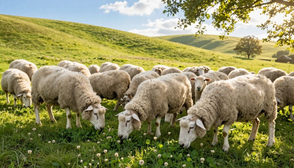 A serene pastoral scene depicting a flock of healthy sheep grazing on lush green grass under soft, warm sunlight. In the foreground, a few sheep with fluffy white wool and content expressions munch on the vibrant vegetation, showcasing their natural diet. The middle ground features a gently rolling hillside adorned with wildflowers and patches of clover, emphasizing an idyllic habitat. In the background, a clear blue sky with a few wispy clouds stretches above, enhancing the peaceful atmosphere. Sunlight filters through the leaves of nearby trees, casting dappled shadows on the ground. The composition conveys a sense of tranquility and highlights the importance of a rich diet and favorable living conditions for sheep longevity. A serene pastoral scene depicting a flock of healthy sheep grazing on lush green grass under soft, warm sunlight. In the foreground, a few sheep with fluffy white wool and content expressions munch on the vibrant vegetation, showcasing their natural diet. The middle ground features a gently rolling hillside adorned with wildflowers and patches of clover, emphasizing an idyllic habitat. In the background, a clear blue sky with a few wispy clouds stretches above, enhancing the peaceful atmosphere. Sunlight filters through the leaves of nearby trees, casting dappled shadows on the ground. The composition conveys a sense of tranquility and highlights the importance of a rich diet and favorable living conditions for sheep longevity.