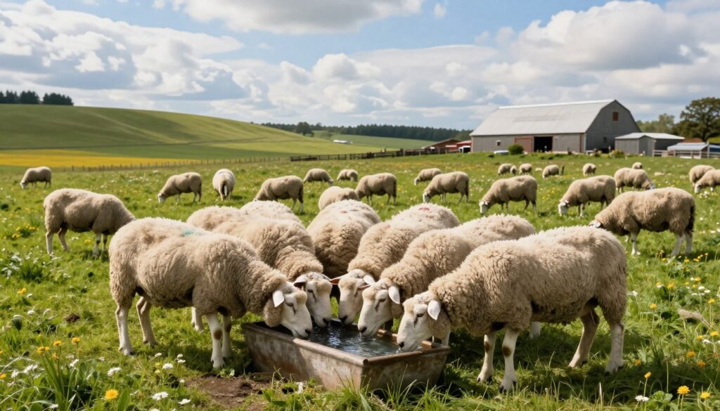 A serene pastoral scene featuring a flock of healthy sheep grazing in a lush green meadow. In the foreground, a few sheep can be seen drinking from a small, clear water trough, emphasizing their access to fresh water. The middle ground showcases an expansive field, dotted with wildflowers and gentle hills. In the background, a picturesque barn can be seen, with a blue sky dotted with fluffy clouds overhead, casting soft, natural light across the scene. The overall atmosphere is tranquil and vibrant, capturing the essence of a healthy environment for livestock. The angle is slightly elevated, providing a clear view of both the sheep and their water source, highlighting the importance of hydration in their diet.