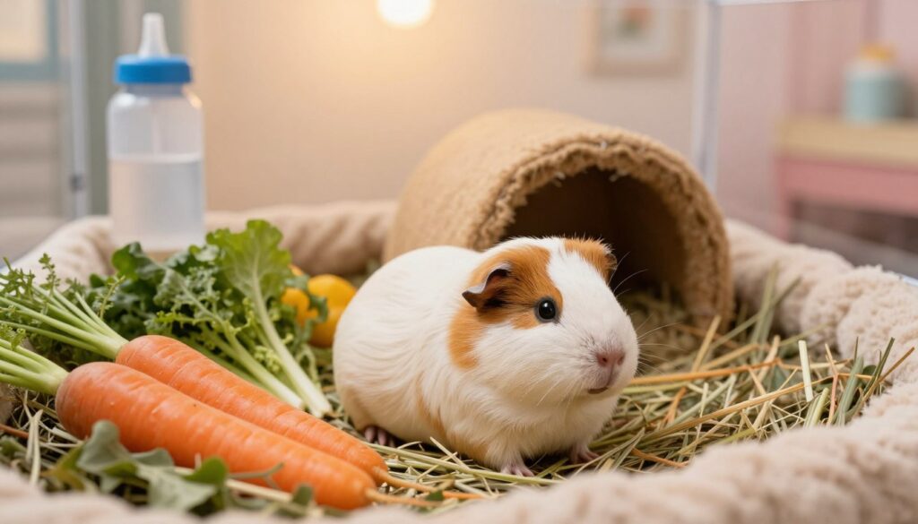 A serene scene depicting the care of a pregnant guinea pig in a cozy, well-equipped habitat. In the foreground, a gentle, round-bellied guinea pig is nestled on soft bedding, surrounded by fresh hay and vibrant vegetables, including carrots and leafy greens. In the middle ground, a tidy enclosure features a water bottle, a small hideaway for privacy, and a warm, inviting atmosphere created by soft, diffused lighting. The background shows a hint of a thoughtfully arranged room with pastel colors, evoking a nurturing and peaceful ambiance. The composition highlights the importance of a safe and loving environment for the soon-to-be mother, captured from a low angle to emphasize the tenderness of the moment, all while ensuring a calm, reassuring mood throughout the image.