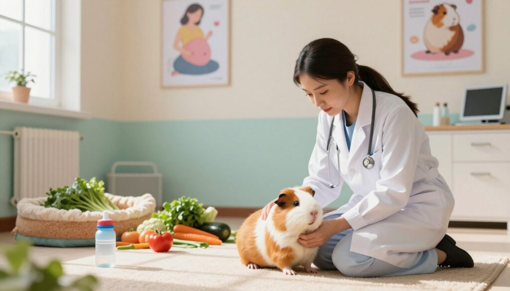 A serene scene featuring a cozy, well-lit veterinary clinic room designed for small animals. In the foreground, a gentle and attentive veterinarian in a lab coat kneels beside a fluffy, expectant guinea pig, cradling her with care and affection. The middle of the image showcases a vibrant, colorful array of items associated with guinea pig care: soft bedding, a small water bottle, and a pile of fresh vegetables. In the background, soft pastel-colored walls are adorned with educational posters about guinea pig pregnancy and care, bring a sense of warmth and reassurance. The lighting is soft and inviting, creating a calm atmosphere, as daylight streams through a nearby window, casting subtle shadows across the room, enhancing the nurturing vibe of the scene.