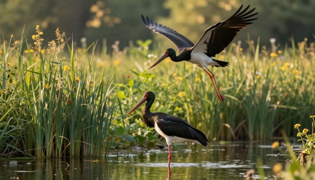A serene scene showcasing a pair of black storks in their natural habitat, highlighting their elegant black plumage glistening under soft, golden sunlight. In the foreground, a black stork stands poised near a shallow river, its long legs reflected in the clear water, while another stork gracefully flies overhead. The middle ground displays lush, green reeds and wildflowers, hinting at the biodiversity of their environment, representative of the conservation efforts to protect this species. In the background, a blurred forest provides depth, with dappled sunlight filtering through the trees, creating a tranquil atmosphere. The mood conveys a sense of peace and urgency, emphasizing the need for conservation efforts to ensure the survival of these majestic birds.