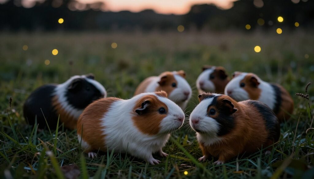 A serene twilight scene featuring a group of guinea pigs in a soft, dimly lit environment. In the foreground, a few guinea pigs are playfully interacting, their textures richly detailed with a focus on their fur patterns and colors. The middle ground showcases a gentle transition of blurred grasses, hinting at their natural habitat. In the background, softly glowing fireflies illuminate the dusk, creating a magical ambiance. The lighting is low and warm, casting soft shadows, evoking a sense of calm and tranquility. The overall mood reflects the peaceful nature of these animals during twilight hours, enhancing their visual perception in low-light settings. The angle is slightly elevated, providing a panoramic view of their environment.