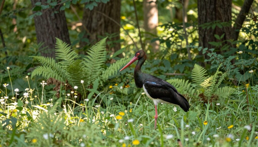 A solitary black stork gracefully poised in a serene forest clearing, surrounded by lush greenery and soft underbrush. The bird, with its glossy black feathers and striking red beak, blends harmoniously with the natural environment, illustrating its elusive lifestyle. In the foreground, a carpet of wildflowers and ferns gently sways in a light breeze. In the middle ground, the stork cautiously peers through the foliage, embodying its secretive nature. The background features tall, sun-dappled trees, creating a tranquil, almost mystical atmosphere. Soft, diffused sunlight filters through the leaves, casting gentle shadows and enhancing the scene's serenity. Capture this moment with a shallow depth of field to emphasize the stork's vigilant demeanor while maintaining a sense of natural beauty and calm.