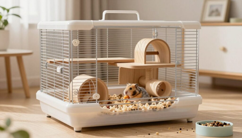 A spacious, well-designed cage for a Dzungarian hamster, highlighting its optimal dimensions and safe construction. In the foreground, a clear view of the cage's interior displays cozy bedding, an exercise wheel, climbing structures, and food dishes, all arranged thoughtfully. In the middle, the cage has multiple levels and tunnels, emphasizing an enriching environment. The background features soft, natural lighting that creates a warm and inviting atmosphere, enhancing the details of the materials used, such as non-toxic wood and durable plastic. The setting is a clean, homey room, with gentle shadows that suggest tranquility, making it perfect for the pet's well-being.