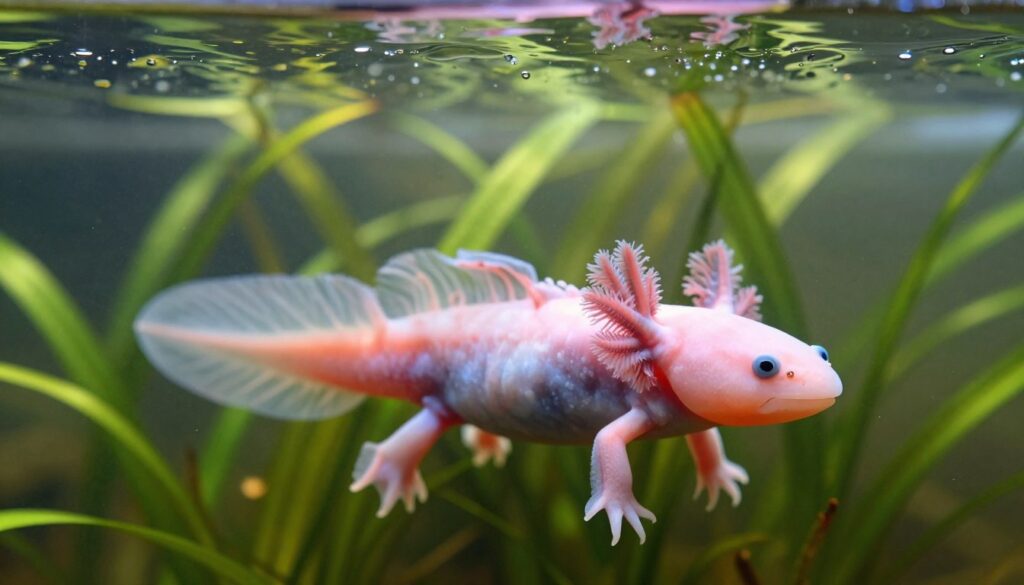 A tranquil underwater scene featuring a healthy axolotl swimming gracefully in its natural habitat, surrounded by soft, flowing water currents. The foreground showcases the axolotl’s intricate, feathery gills and smooth, pinkish skin, highlighting its vibrant colors. In the middle ground, lush aquatic plants sway gently, providing a sense of depth and shelter. The background includes soft, shimmering water that reflects subtle beams of light filtering through the surface, creating a serene and calming atmosphere. The composition is shot with a slightly angled lens to enhance the details of the axolotl while maintaining a focus on the water quality and vegetation that support its well-being. The overall mood is peaceful and harmonious, conveying the importance of proper water conditions for axolotls. A tranquil underwater scene featuring a healthy axolotl swimming gracefully in its natural habitat, surrounded by soft, flowing water currents. The foreground showcases the axolotl’s intricate, feathery gills and smooth, pinkish skin, highlighting its vibrant colors. In the middle ground, lush aquatic plants sway gently, providing a sense of depth and shelter. The background includes soft, shimmering water that reflects subtle beams of light filtering through the surface, creating a serene and calming atmosphere. The composition is shot with a slightly angled lens to enhance the details of the axolotl while maintaining a focus on the water quality and vegetation that support its well-being. The overall mood is peaceful and harmonious, conveying the importance of proper water conditions for axolotls.