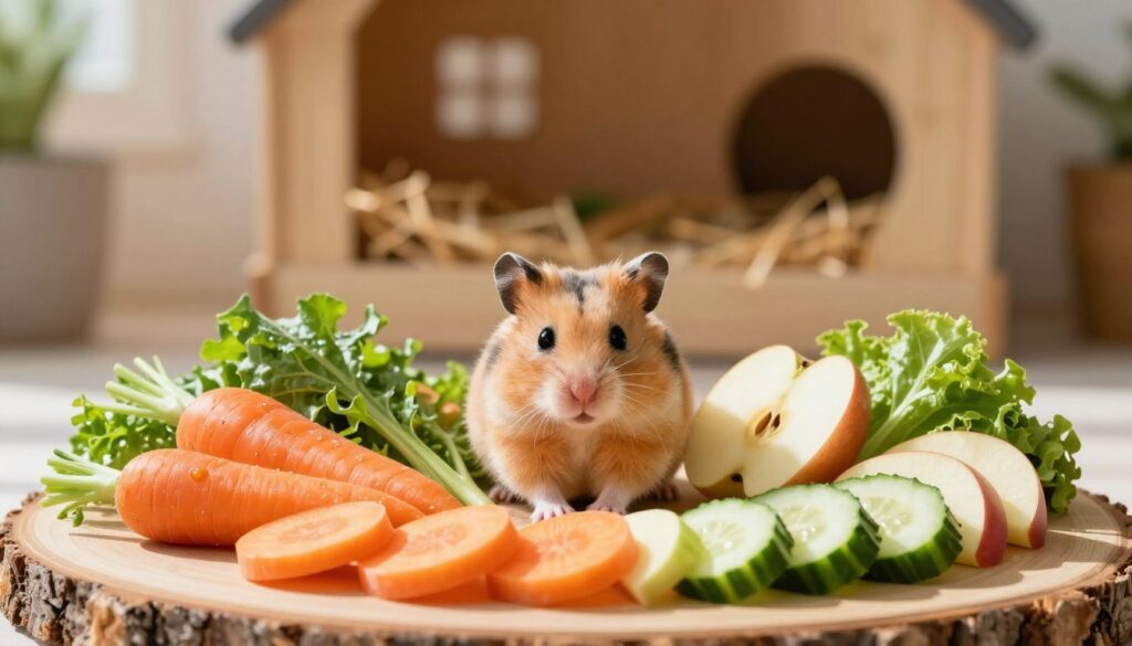 A vibrant and colorful arrangement of various fruits and vegetables suitable for hamsters, displayed prominently in the foreground. Include fresh slices of carrots, leafy greens, small pieces of apple, and tender cucumber wedges, all artistically arranged on a rustic wooden surface. The middle layer features a warm, softly blurred background of a cozy pet habitat, subtly showcasing natural textures like hay and bedding. Bright, natural sunlight streams in, casting gentle shadows and creating an inviting atmosphere. The mood is cheerful and wholesome, ideal for representing the joys of pet care. The image should be detailed, vibrant, and appealing, capturing the essence of healthy foods that contribute to a hamster's well-being.