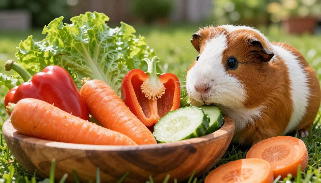 A vibrant and colorful scene featuring a variety of fresh vegetables suitable for guinea pigs. In the foreground, a rustic wooden bowl overflows with crisp lettuce, bright carrots, bell peppers, and cucumber slices. Some vegetables are partially sliced, revealing their juicy textures. The middle ground showcases a guinea pig curiously sniffing at the bowl, its fur a mix of brown and white, with its eyes wide and inquisitive. In the background, soft green grass and a sunny garden create a warm, inviting atmosphere. The lighting is bright and natural, casting gentle shadows and enhancing the freshness of the vegetables. The overall mood is cheerful and lively, reflecting the importance of healthy food choices for small pets. A vibrant and colorful scene featuring a variety of fresh vegetables suitable for guinea pigs. In the foreground, a rustic wooden bowl overflows with crisp lettuce, bright carrots, bell peppers, and cucumber slices. Some vegetables are partially sliced, revealing their juicy textures. The middle ground showcases a guinea pig curiously sniffing at the bowl, its fur a mix of brown and white, with its eyes wide and inquisitive. In the background, soft green grass and a sunny garden create a warm, inviting atmosphere. The lighting is bright and natural, casting gentle shadows and enhancing the freshness of the vegetables. The overall mood is cheerful and lively, reflecting the importance of healthy food choices for small pets.