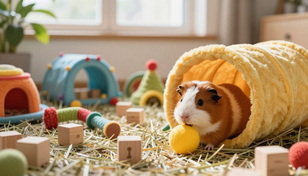A vibrant and cozy guinea pig play area filled with colorful toys, tunnels, and activity sets. In the foreground, a guinea pig joyfully interacts with a bright yellow ball and a plush tunnel made of soft fabric. The middle ground features a variety of chew toys and wooden blocks sprinkled with hay, providing an engaging environment. In the background, soft natural light pours through a window, casting a warm glow over the scene, enhancing the playful atmosphere. The setting is indoor, cozy and inviting, with green plants peeking in, creating a sense of a safe and stimulating environment for guinea pigs. The overall mood is cheerful and lively, showcasing a fun and enriching space for these pets.