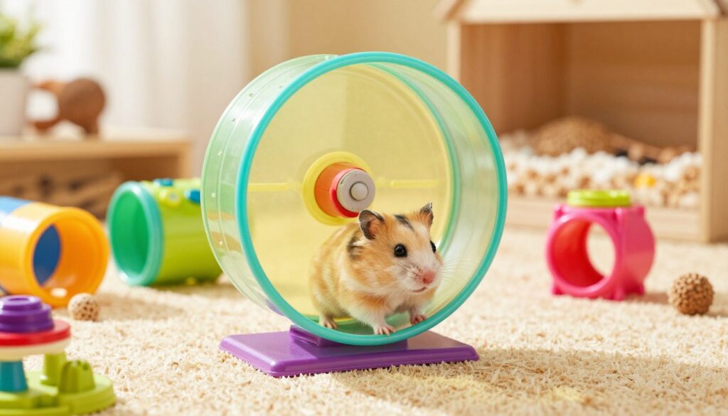 A vibrant and detailed hamster wheel (kołowrotek) designed for a Syrian hamster, prominently displayed in the foreground. The wheel, made of colorful, safe materials, is shown in motion, creating an impression of activity. Surrounding the wheel, a variety of tunnels and interactive toys made from bright, non-toxic plastic are scattered, inviting playfulness. In the background, a cozy and well-lit hamster habitat is visible with natural elements like soft bedding and small chew toys. The lighting should be warm and inviting, simulating a sunny day, enhancing the cheerful atmosphere. The image captures the essence of a playful hamster environment, focusing on safety and engagement while showcasing the essential accessories for a happy hamster life.