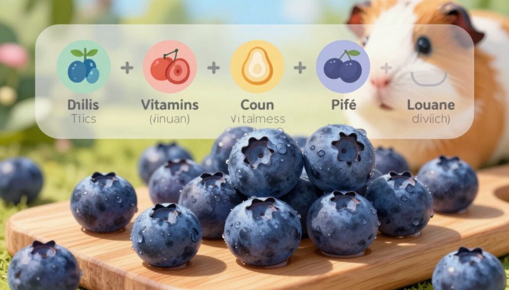 A vibrant and detailed illustration of blueberries, showcasing their nutritional values essential for guinea pig health. In the foreground, a close-up of fresh, plump blueberries, glistening with dew, arranged on a wooden cutting board. The middle section features an infographic-style layout subtly integrating visual elements like icons representing vitamins and minerals, with soft colors harmonizing with the blueberries. The background includes a blurred garden scene, evoking a natural and fresh atmosphere. Bright, natural lighting highlights the rich blue hues of the fruit, with a shallow depth of field focusing on the blueberries' texture. The overall mood is lively and wholesome, reflecting the importance of nutrition for small pets.