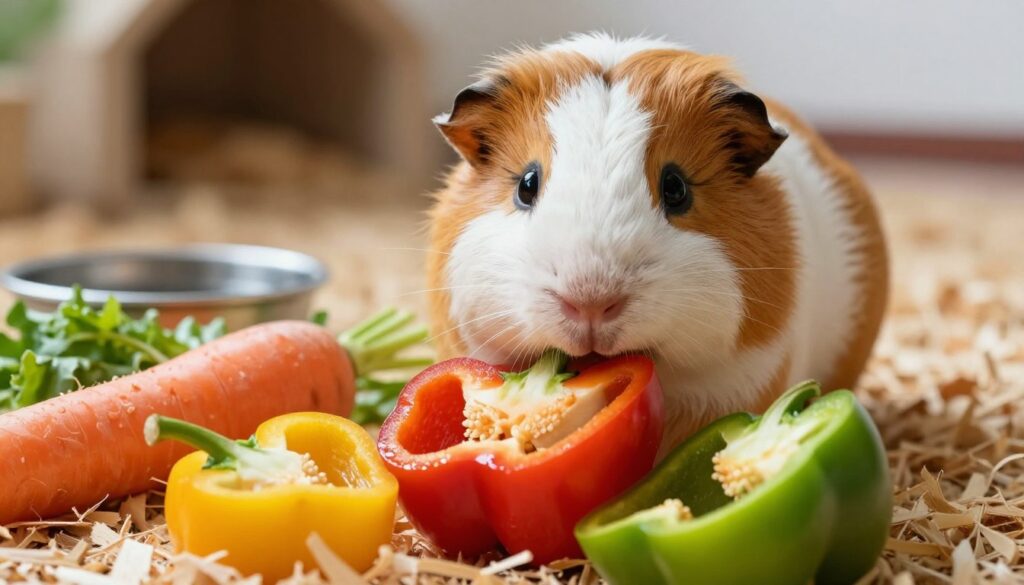 A vibrant close-up of a guinea pig curiously nibbling on a fresh, colorful bell pepper. The foreground features the guinea pig with soft, fluffy fur, looking playful and engaged. The bell pepper is sliced open, displaying its bright red, yellow, and green colors, glistening with freshness, and surrounded by scattered pieces of other safe vegetables like carrots and leafy greens. The middle background includes a cozy habitat scene with natural wood shavings and a small water dish, hinting at a warm, inviting atmosphere. The lighting is soft and natural, simulating a sunny day, with gentle highlights that accentuate the textures of the vegetables and the fur of the guinea pig. Capture an atmosphere of health and well-being, emphasizing the joy of a nutritious diet for pets.