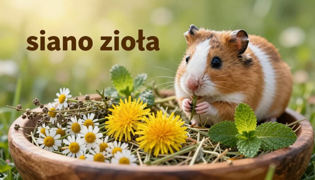 A vibrant composition showcasing "siano zioła" (herbal hay) as the main focus, depicted in a rustic wooden bowl. The foreground features a variety of dried herbs, such as chamomile, dandelion, and mint, elegantly arranged with delicate textures and vivid colors. In the middle ground, a small, curious Dzungarian hamster can be seen nibbling on a piece of hay, highlighting the interaction with its natural diet. The background is softly blurred, featuring natural elements like green grass and gentle sunlight filtering through, creating a warm and inviting atmosphere. The lighting is soft and natural, evoking a sense of tranquility and wellness, emphasizing the importance of herbal supplements for digestion and health in small pets. A vibrant composition showcasing "siano zioła" (herbal hay) as the main focus, depicted in a rustic wooden bowl. The foreground features a variety of dried herbs, such as chamomile, dandelion, and mint, elegantly arranged with delicate textures and vivid colors. In the middle ground, a small, curious Dzungarian hamster can be seen nibbling on a piece of hay, highlighting the interaction with its natural diet. The background is softly blurred, featuring natural elements like green grass and gentle sunlight filtering through, creating a warm and inviting atmosphere. The lighting is soft and natural, evoking a sense of tranquility and wellness, emphasizing the importance of herbal supplements for digestion and health in small pets.