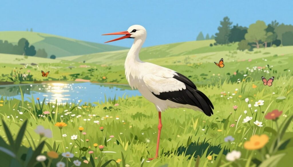 A vibrant, detailed illustration of a stork standing gracefully in a lush green meadow, surrounded by wildflowers and a clear blue sky. In the foreground, the stork exhibits its striking white feathers and long, slim legs, with its characteristic red beak slightly open, as if it is about to call out. In the middle ground, a small pond reflects the sunlight, providing a sparkling contrast to the serene landscape, while a few fluttering butterflies add a touch of liveliness. In the background, gentle rolling hills create a soft horizon, dappled with patches of trees. The atmosphere is bright and peaceful, with warm, natural lighting that enhances the colors of the scene, captured with a slight tilt angle that draws the viewer’s eye toward the stork, symbolizing longevity and the natural cycle of life.