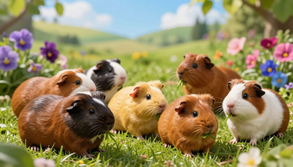 A vibrant scene featuring a variety of guinea pigs in their natural habitat, showcasing the colors they can perceive. In the foreground, several guinea pigs display a spectrum of fur colors: rich browns, soft blacks, golden yellows, and a mix of white patches. Some are curiously nibbling on fresh green grass, while others playfully interact with each other. In the middle ground, colorful flowers bloom in shades of purple, pink, and blue, representing the colors visible to guinea pigs. The background reveals a softly lit, lush green landscape under a bright blue sky. The sunlight filters through the leaves, creating a warm, cheerful atmosphere that invites wonder. Focus on a slightly elevated angle to capture both the guinea pigs’ dynamic movements and the vibrant colors surrounding them.