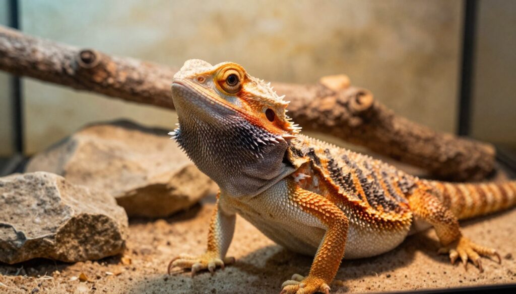 A vivid and close-up image of a stressed bearded dragon (Agama brodata) in a terrarium setting, showcasing its unique scales and distinctive beard puffing in response to stress. In the foreground, depict the lizard in a defensive posture, with bright, detailed textures of its skin and the subtle colors of its beard. The middle ground features various naturalistic elements like rocks and branches, providing a realistic habitat. In the background, illustrate a warm, well-lit environment through soft, diffused sunlight filtering in from a nearby window, creating a serene yet anxious atmosphere. Capture the lizard’s expressive eyes, focusing on its body language to evoke a sense of stress, while ensuring the overall image remains tasteful and informative.