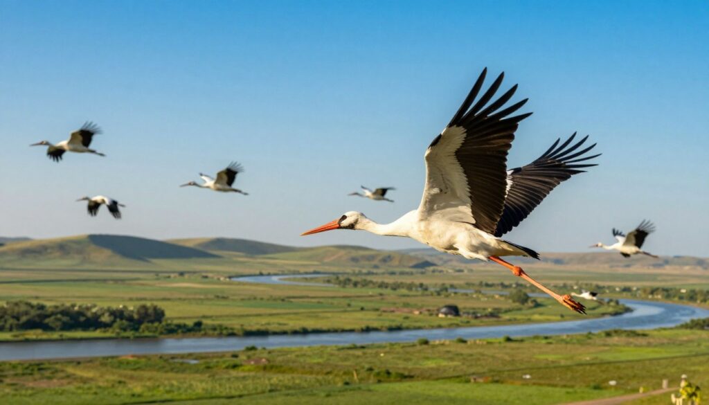A vivid scene depicting the migration of storks over vast landscapes. In the foreground, a graceful stork takes flight, its wings outstretched against a brilliant blue sky, showcasing the beauty of its plumage. In the middle ground, a flock of storks is soaring together, illustrating their migratory journey. The background features rolling green fields and meandering rivers, symbolizing the natural habitat they travel through. Soft, warm sunlight bathes the scene, casting gentle shadows and creating a serene atmosphere. The angle is slightly upward, giving a sense of elevation and vastness, evoking the challenges and risks faced during their journey. The overall mood is one of freedom and adventure, emphasizing the remarkable lengths storks travel in their migration.
