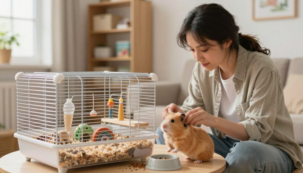 A warm and inviting scene depicting a Syrian hamster adoption setup. In the foreground, a cozy and well-equipped hamster cage filled with bedding, toys, and a food dish, showcasing the essentials for a new pet owner. In the middle ground, a caring individual in casual, modest attire gently interacting with a fluffy, light-brown Syrian hamster, emphasizing companionship and responsibility. The background is a well-lit room adorned with shelves of pet supplies and a window allowing soft natural light to pour in, creating an uplifting atmosphere. The overall mood is cheerful and nurturing, conveying the excitement and joy of adopting a Syrian hamster while highlighting the care involved in the process.