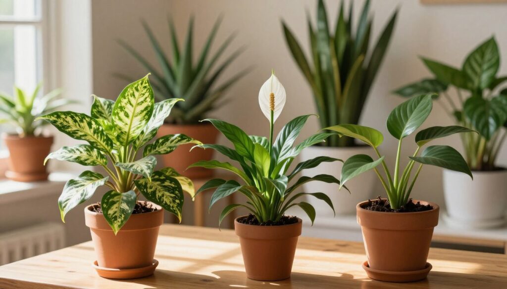 A well-lit indoor setting featuring a variety of common houseplants that are toxic to cats. In the foreground, showcase a vibrant, leafy dieffenbachia with its striking variegated leaves next to a pot of philodendron, both placed on a wooden table. In the middle, include an elegant peace lily with its distinct white blooms. The background should display a soft focus of potted plants like Aloe Vera and Sago Palm against a warm, inviting wall. The scene should be bright, with natural sunlight streaming through a nearby window, casting gentle shadows. The atmosphere should convey a sense of caution and beauty, highlighting the delicate nature of these plants while emphasizing their potential dangers to cats.