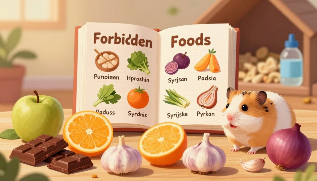 A whimsical illustration depicting a colorful collage of harmful and prohibited foods for hamsters, specifically hamsters syryjskie (Syrian hamsters). In the foreground, a variety of foods such as chocolate, citrus fruits, garlic, and onions, vividly displayed with an emphasis on their textures and colors. In the middle ground, an open book labeled "Forbidden Foods" with images of these items highlighted, creating a focused theme. The background features a soft, warmly lit hamster habitat with bedding and a small water bottle, enhancing the cozy atmosphere. The lighting is soft and inviting, emphasizing a cautious yet informative mood, suitable for educational content. The overall composition is cheerful but cautionary, capturing the essence of a guide on hamster care.
