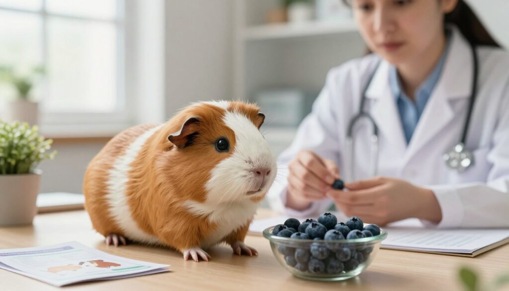 A worried-looking guinea pig in a cozy, well-lit veterinary clinic examining a bowl of blueberries nearby. The guinea pig has fur with gentle brown and white patches, its eyes wide with concern. In the background, a soft-focus depiction of a veterinarian, dressed in a white coat, appears to be discussing the fruit with a concerned pet owner. The scene is illuminated with warm, natural light filtering through a window, creating a calm and thoughtful atmosphere. The table is adorned with pet care pamphlets and a small plant for a touch of homely comfort. The composition captures the essence of health and caution surrounding guinea pigs and dietary choices, evoking a sense of care and responsibility.