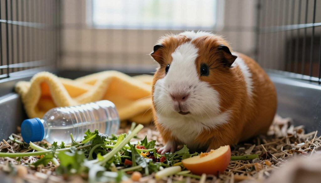 A worried-looking guinea pig sits in a small, cozy living space, showing signs of distress. The foreground emphasizes its droopy ears and closed eyes, indicating illness, along with a scattered mix of uneaten vegetables—like wilted greens and a half-eaten piece of fruit—surrounding its bedding. In the middle, a bright-colored blanket and the remnants of a water bottle hint at its home. The background features a soft-focus cage environment, with gentle sunlight filtering in through a nearby window, creating a warm yet somber atmosphere. The composition captures the alarming state of the guinea pig, evoking concern about its health due to improper diet, conveying a message of care and attention needed for pet owners.