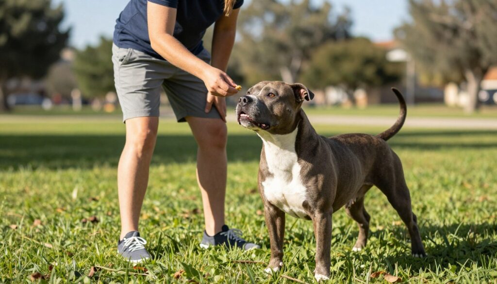 An American Staffordshire Terrier (Amstaff) undergoing training in a sunny park setting. In the foreground, the dog is focused and alert, with a strong, muscular build, showcasing its distinctive short coat and expressive face. A dedicated trainer, dressed in a casual t-shirt and shorts, is in the middle ground, using positive reinforcement techniques like treats to engage the dog. The background features vibrant green grass, distant trees casting soft shadows, and blue skies. Warm, natural lighting enhances the scene, creating a cheerful atmosphere that suggests a joyful bond between the dog and trainer. The composition captures the essence of training and socialization, emphasizing the importance of a healthy lifestyle for the Amstaff. An American Staffordshire Terrier (Amstaff) undergoing training in a sunny park setting. In the foreground, the dog is focused and alert, with a strong, muscular build, showcasing its distinctive short coat and expressive face. A dedicated trainer, dressed in a casual t-shirt and shorts, is in the middle ground, using positive reinforcement techniques like treats to engage the dog. The background features vibrant green grass, distant trees casting soft shadows, and blue skies. Warm, natural lighting enhances the scene, creating a cheerful atmosphere that suggests a joyful bond between the dog and trainer. The composition captures the essence of training and socialization, emphasizing the importance of a healthy lifestyle for the Amstaff.