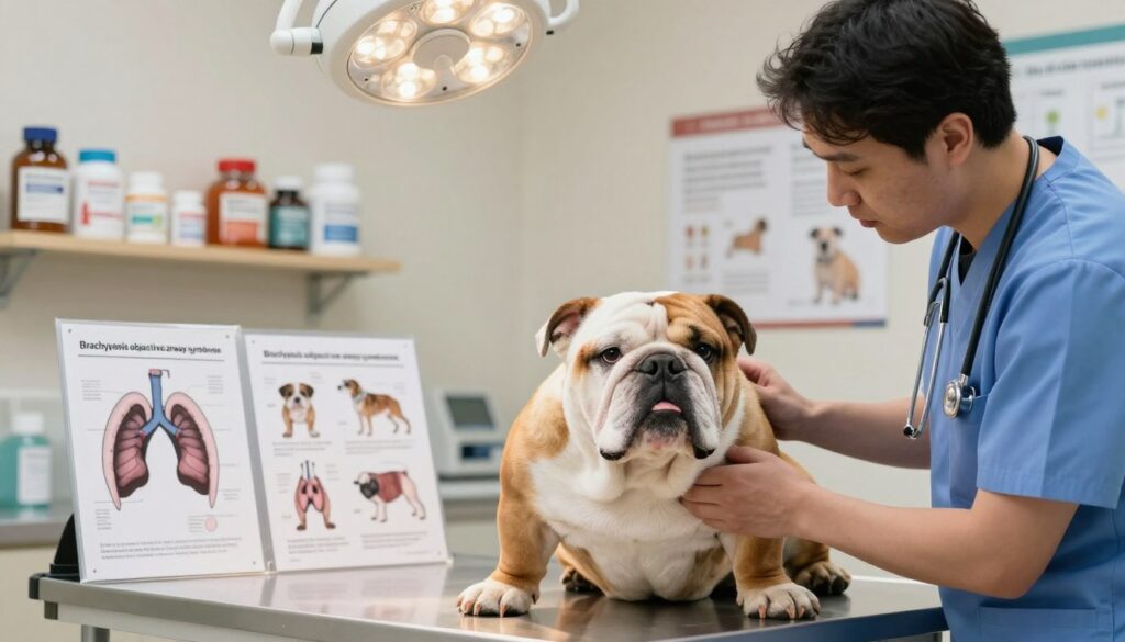 An English Bulldog in a veterinary clinic setting, showcasing a concerned expression while resting on an examination table. Surrounding the bulldog, several medical charts and diagrams illustrating common respiratory issues like brachycephalic obstructive airway syndrome. The foreground features a caring veterinarian in professional attire, gently examining the dog's breathing. The middle ground depicts a shelf with dog health supplements and informational posters related to bulldog care. The background includes soft lighting to create a warm, inviting atmosphere, with a blurred surgical lamp above and faint medical equipment behind. The overall mood is educational and empathetic, emphasizing the importance of health awareness for this breed.