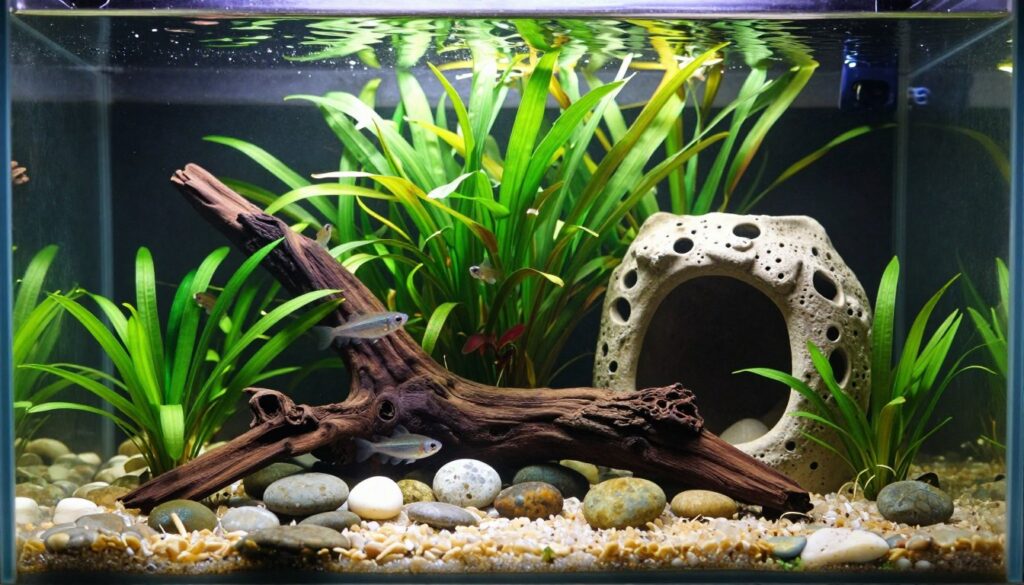 A beautifully arranged freshwater aquarium, showcasing a well-balanced aquascape designed specifically for suckerfish. In the foreground, smooth river stones and driftwood create a natural habitat, with lush green aquatic plants like Anubias and Java Fern flourishing around them. The middle ground features hiding spots made of ceramic caves and natural caverns, providing security for the fish. In the background, a backdrop of vibrant plants adds depth, with gentle sunlight filtering through the surface, casting shimmering reflections and creating a serene underwater atmosphere. Capture this scene with a wide-angle lens to emphasize the spaciousness, while maintaining a soft focus on the intricate details of the aquascape, evoking a peaceful and harmonious setting for the fish to thrive.