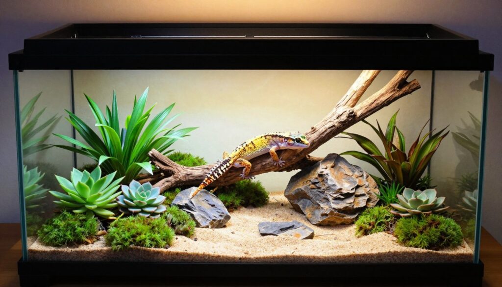 A beautifully designed terrarium for a leopard gecko, showcasing its ideal habitat. In the foreground, vibrant green plants with varied textures, such as succulents and moss, provide hiding spots and enrichment. In the middle ground, a sandy substrate reflects natural desert conditions, accompanied by smooth rocks and climbing branches. The background features a soft gradient of warm light, simulating a natural daylight ambiance that enhances the colors and textures. A panoramic view captures the terrarium's spacious layout, measuring at least 40 gallons, emphasizing safety features like secure ventilation and a sturdy lid. The overall mood is serene and inviting, showcasing a healthy and balanced environment, perfect for a leopard gecko to thrive.
